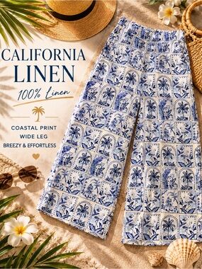 C&C California Linen Blue White Tropical Print Linen Wide Leg Pants Medium